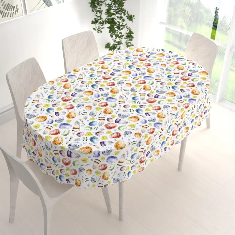 Biante Veľkonočný teflónový oválny obrus TF-075 Farebné kraslice a pierka na bielom 60x100 cm