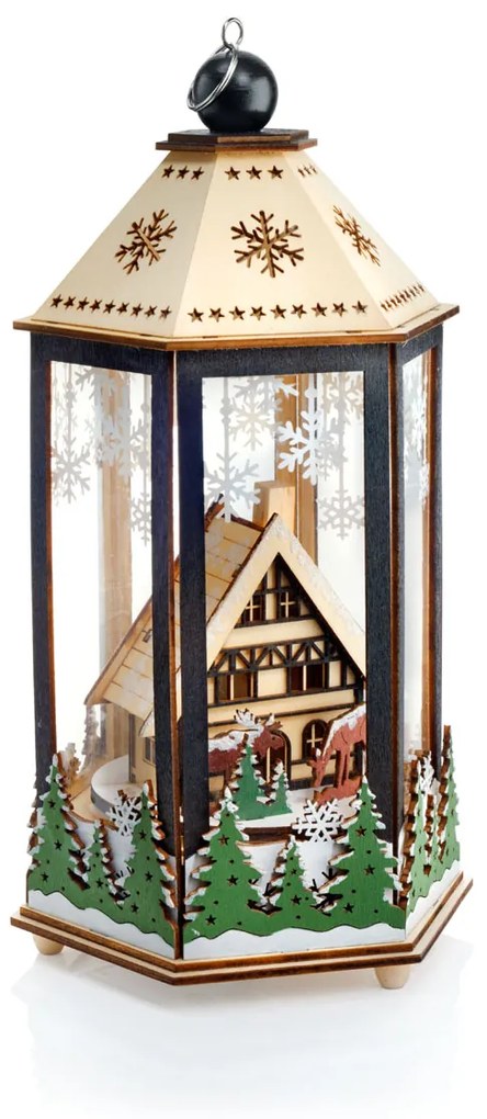 LED drevený lampáš Vianočný les s hracím strojčekom