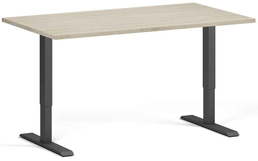 Výškovo nastaviteľný stôl, 140x80 cm, 1 motor, čierna podnož, dub prírodný