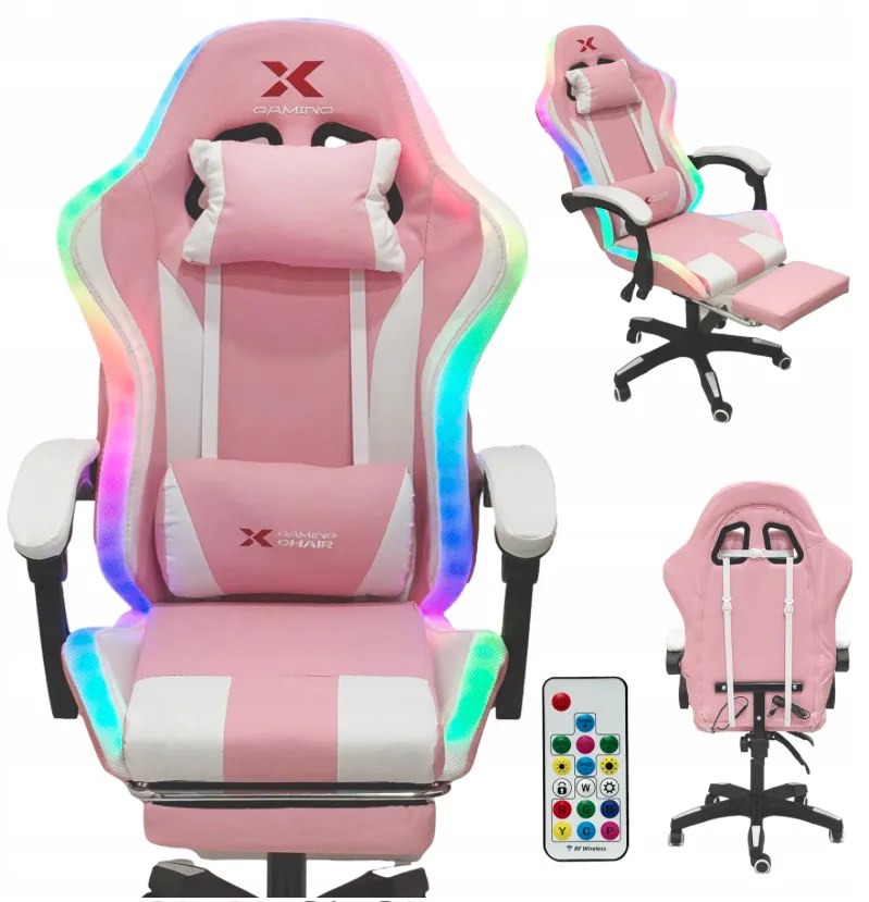 Herné LED kreslo Xgaming s podnožkou - ružové