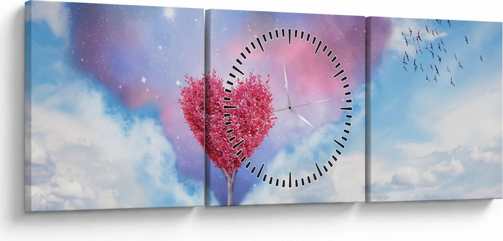 Obraz - Ružový strom srdca (s hodinami) (90x30 cm)