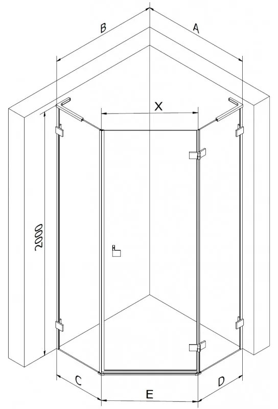 Mexen Lunar, L päťuholníkový sprchový kút s pravým sklonom 90 x 90 cm, 8mm číre sklo, profil ružové zlato, 831L-090P-090L-60-00-P