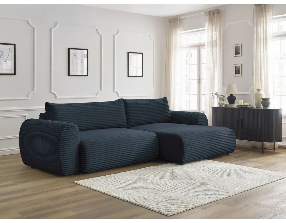 Tmavomodrá menčestrová rozkladacia rohová pohovka (pravý roh) Lucien – Bobochic Paris