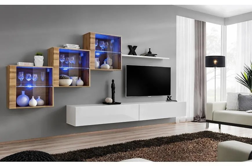 Obývacia stena Switch XIX Sklo +LED Wotan/Biely