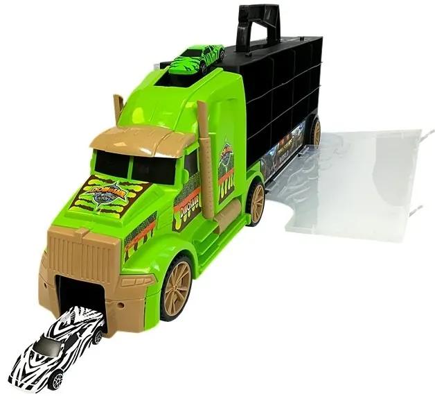 LEAN TOYS Kamión + kufrík s dinosaurami a autami - zelený