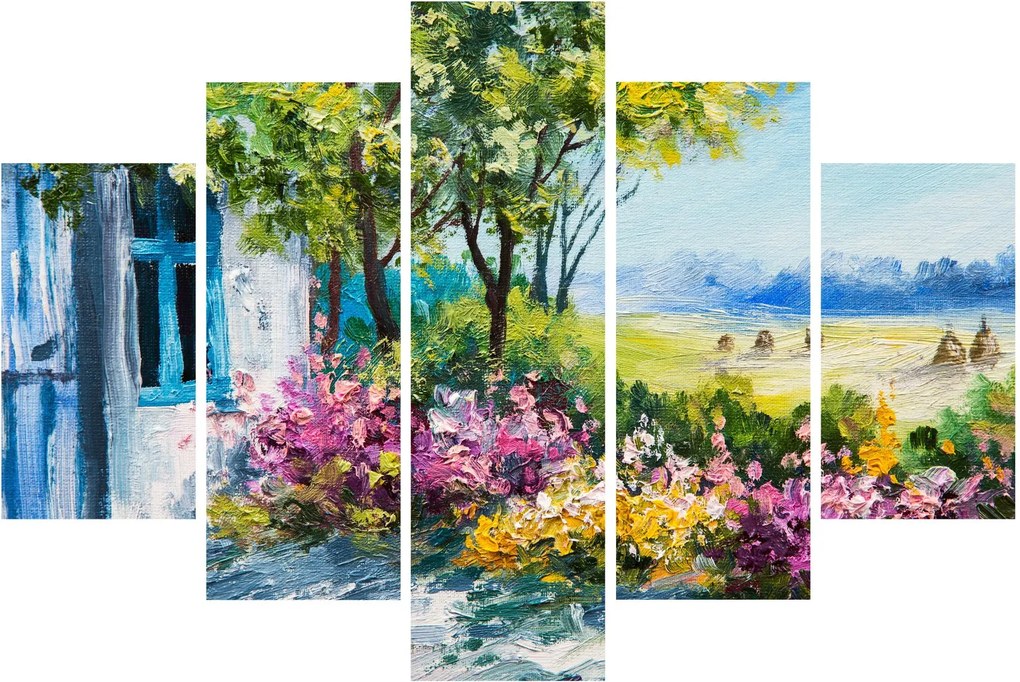 Obraz záhradky pred domom, olejomaľba (150x105 cm)