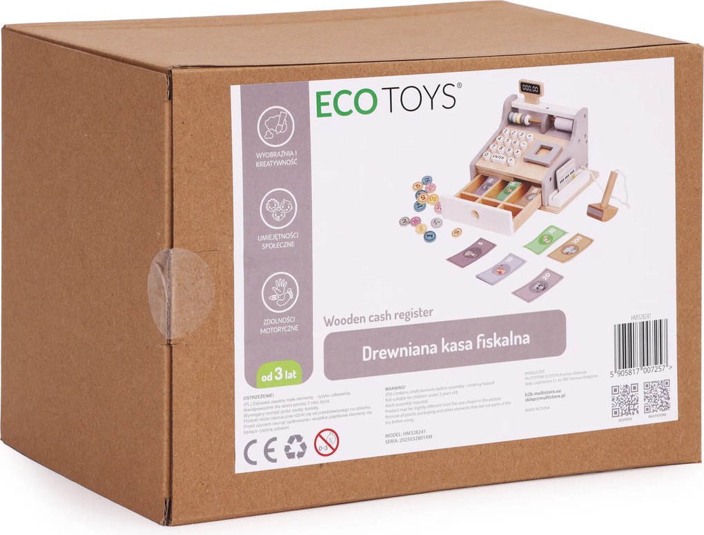 Drevená detská pokladňa ECOTOYS so skenerom, peniazmi a platobnou kartou