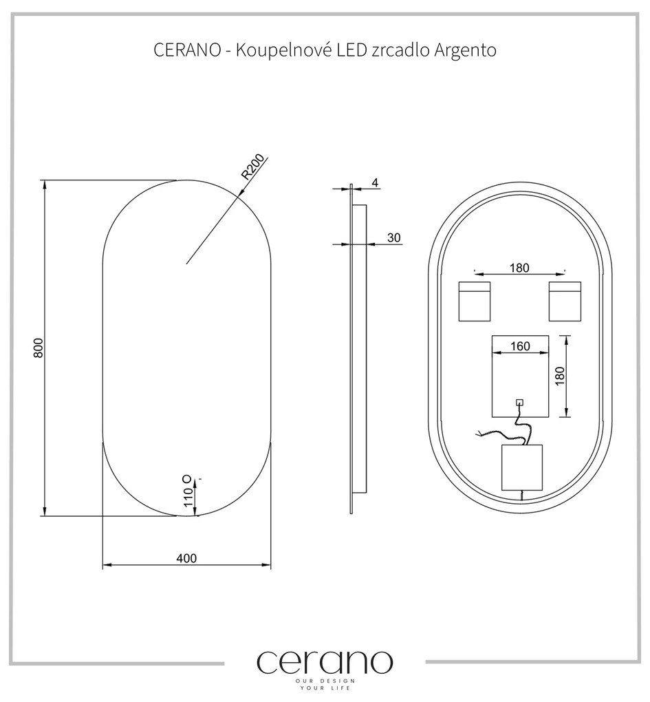 Cerano Argento, oválne LED kúpeľňové zrkadlo 80x40 cm, CER-CER-429331
