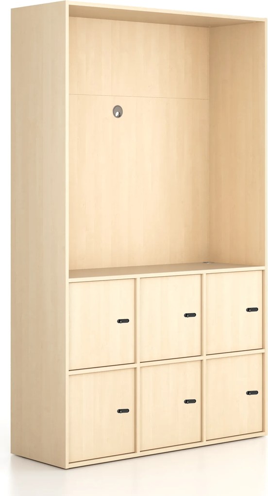 Kancelárska skriňa FRAME, 6x dvere, priestor pre TV, 1299 x 450 x 2162 mm, mechanický kódový zámok, breza