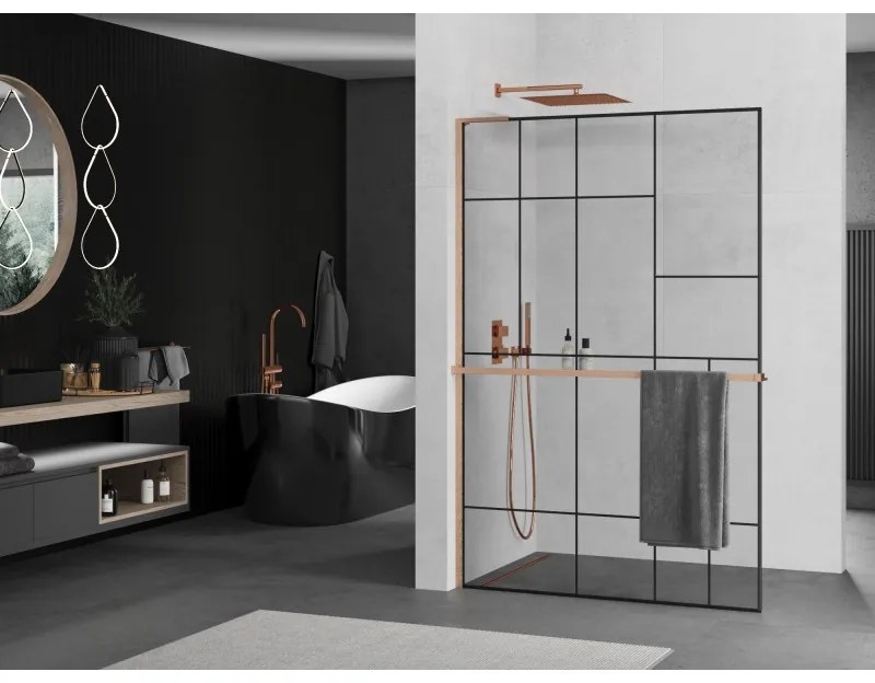 Mexen Kioto+ L, sprchová zástena Walk-In s poličkou a vešiakom 70 x 200 cm, 8mm číre sklo čierny vzor, medený matný profil, 800-070-123-65-78