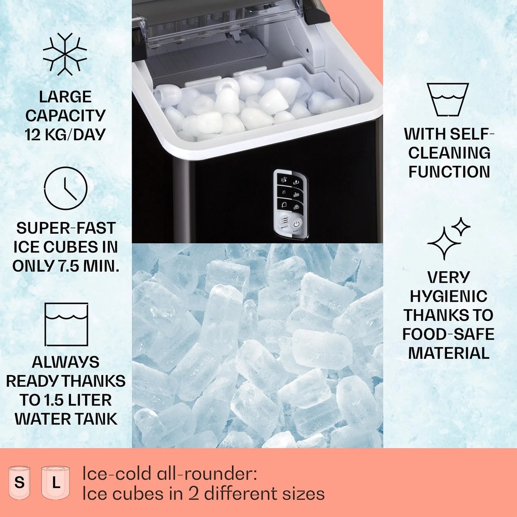 Klarstein Albaron, výrobník ľadu, tvar náboja, 12 kg/24 h, nádrž 1,5 l, displej