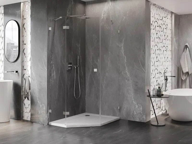 Mexen Lunar, päťuholníkový sprchový kút naklápací doľava 90 x 100 cm, 8mm číre sklo, oceľový profil, 831-090L-100P-97-00-L
