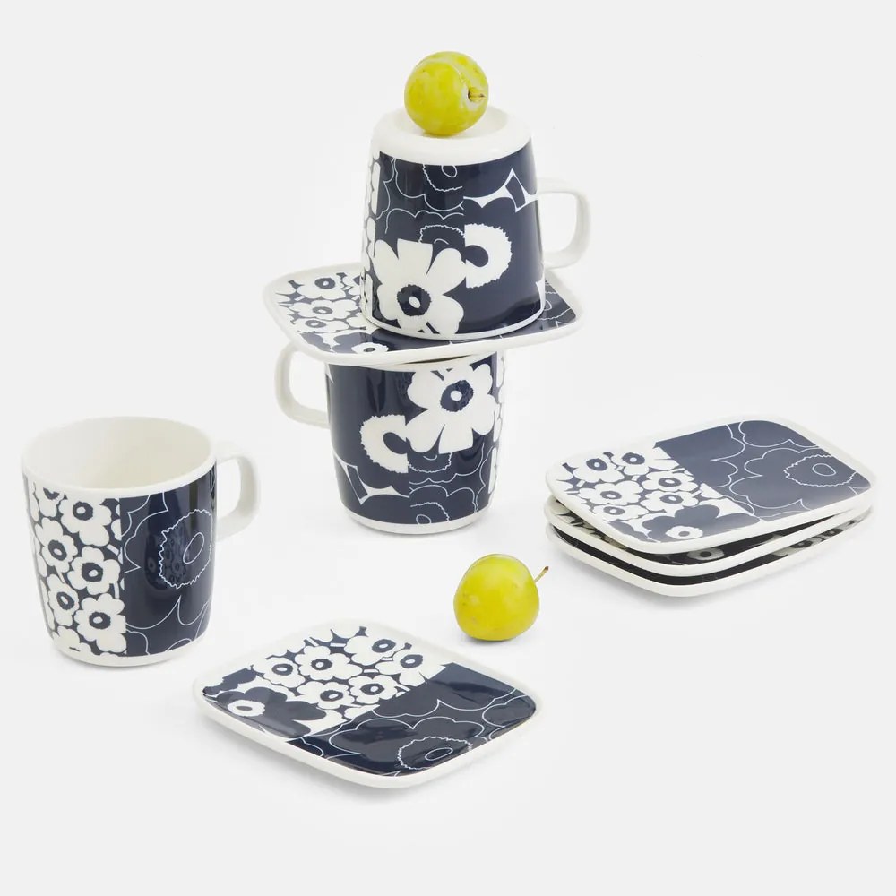 Marimekko Set Oiva Kollaasi Unikko veľký hrnček a tanierik Unikko 60th Anniversary tmavo modrý