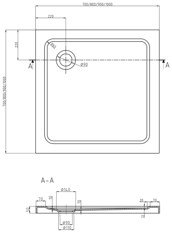 Mexen Slim, štvorcová sprchová vanička 90x90x5 cm + sifón, biela, 40109090