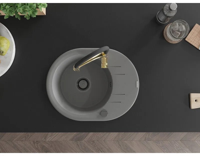 Mexen Kevin, 1-komorový granitový drez 586x458x190 mm a drezová batéria Aster, šedá, 6517-71-73450-57-B