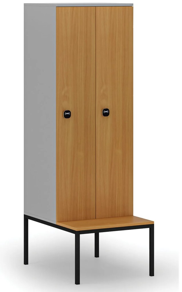 Drevená šatníková skrinka s lavičkou, 2 oddiely, 1871 x 600 x 500/800 mm, demont, RFID zámok, sivá/buk