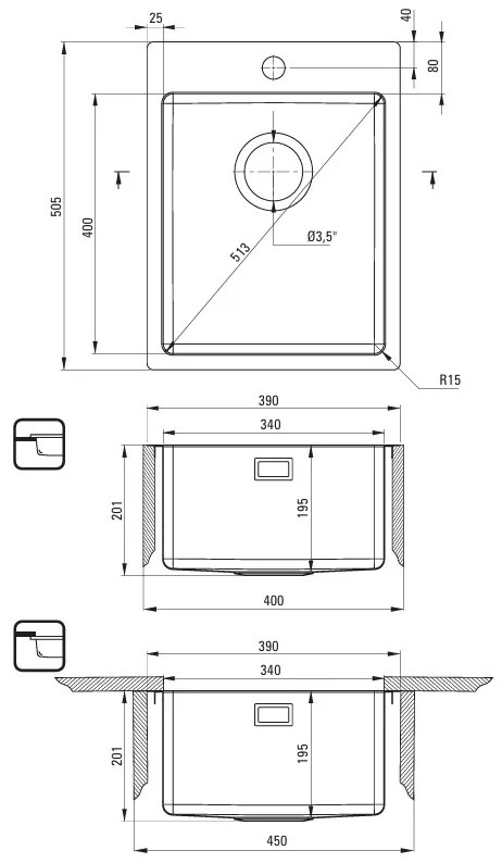 Deante Olfato, 1-komorový nerezový drez 390x505x200mm, brúsená zlatá, DEA-ZPO_R10E