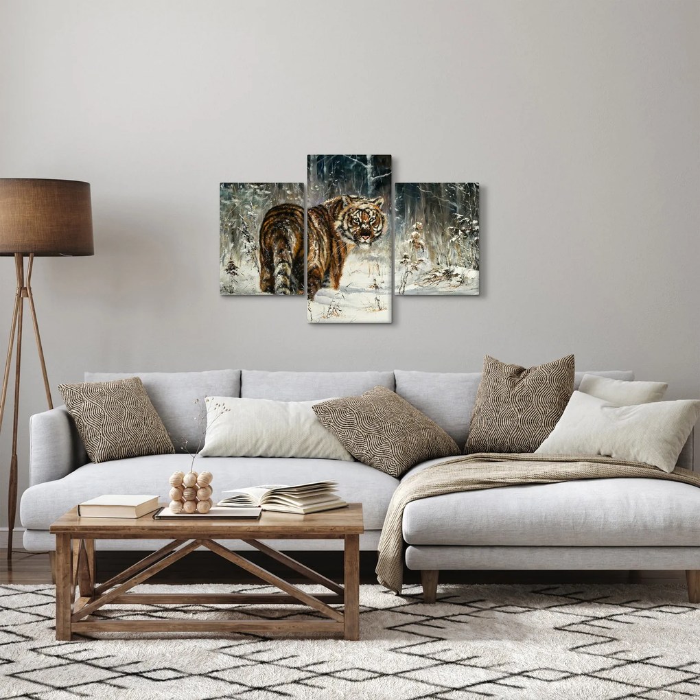 Obraz - Tiger v zasneženom lese, olejomaľba (90x60 cm)