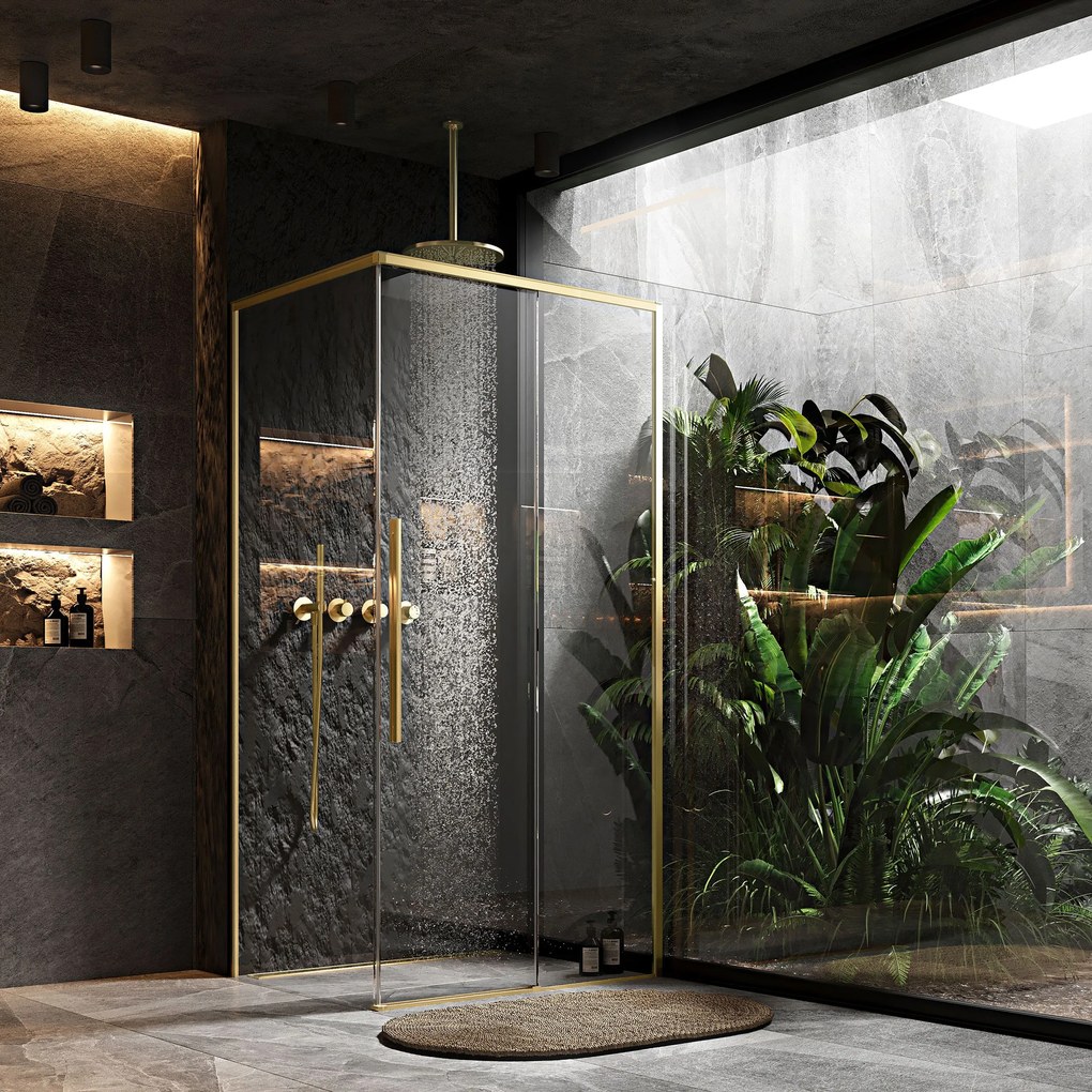 Rea Solar, sprchovací kút s posuvnými dverami 100x80 cm + čierna sprchová vanička Savoy, zlatá matná, KPL-96021