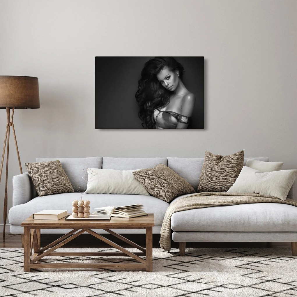 Obraz - Čiernobiely portrét zvodnej ženy (90x60 cm)