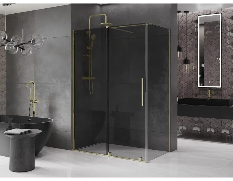 Mexen Velar, sprchový kút s posuvnými dverami 140 x 80 cm, 8mm šedé sklo, zlatá lesklá, 871-140-080-41-50