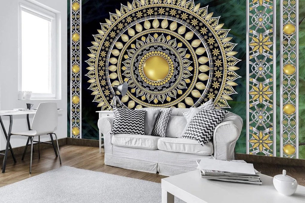 Fototapeta - Zlatá mandala v zelenej (254x184 cm)