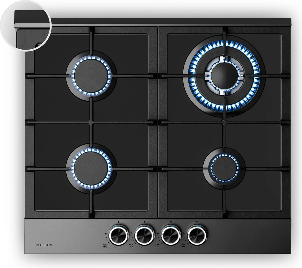 Klarstein Verosteel plynová varná doska, 4 horáky, elektrické zapalovanie, kompatibilná s zemným plynom a LPG, 8000 W, 60cm