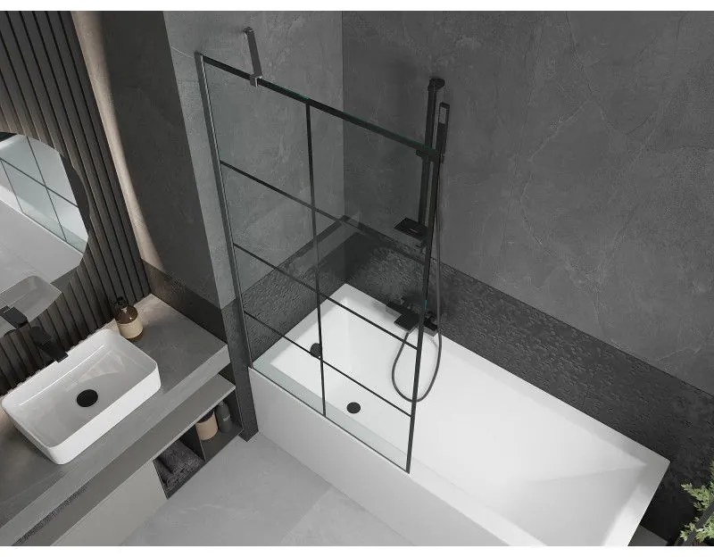 Mexen Next, 1-krídlová vaňová zástena 90 x 150 cm, 6mm číre sklo - čierny vzor, brúsený grafit, 895-090-000-00-77-66