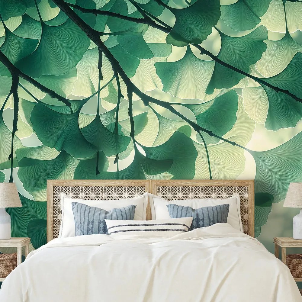 Samolepiaca tapeta zelené listy ginka v žiare svetla