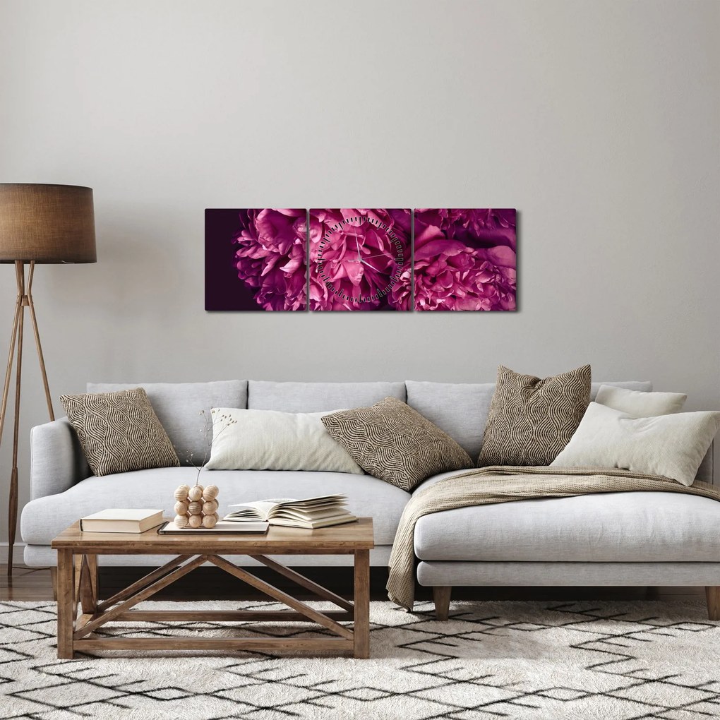 Obraz - Kytica pivoniek (s hodinami) (90x30 cm)