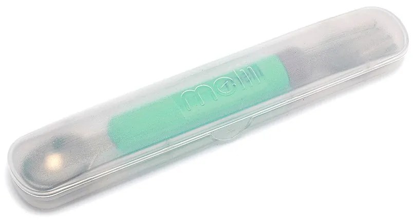 Detská vidlička a lyžička s puzdrom - sivá/mätová