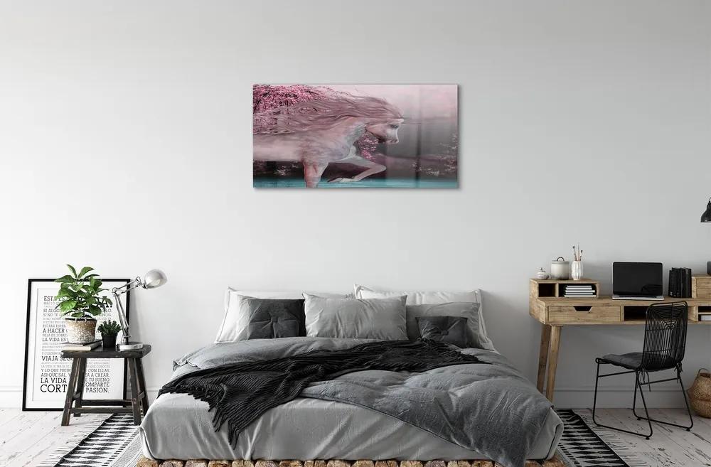 Sklenený obraz Unicorn stromy jazero 100x50 cm