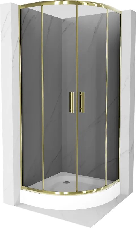 Mexen Rio, štvrťkruhový sprchovací kút s posuvnými dverami 70(dvere) x 70(dvere) x 190 cm, 6mm šedé sklo, zlatý profil + biela sprchová vanička RIO, 863-070-070-50-0-4710