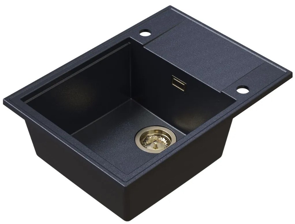 Sink Quality Sink55, kuchynský granitový drez 620x460x215 mm + zlatý sifón, čierna škvrnitá, SKQ-SINK.B.1KKO.XG