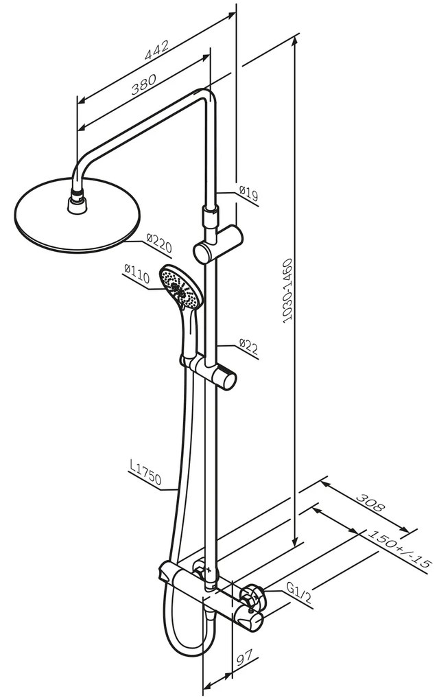 Sprchový systém AM.PM Hit F07TA400 s termostatickou sprchovou batériou, chróm