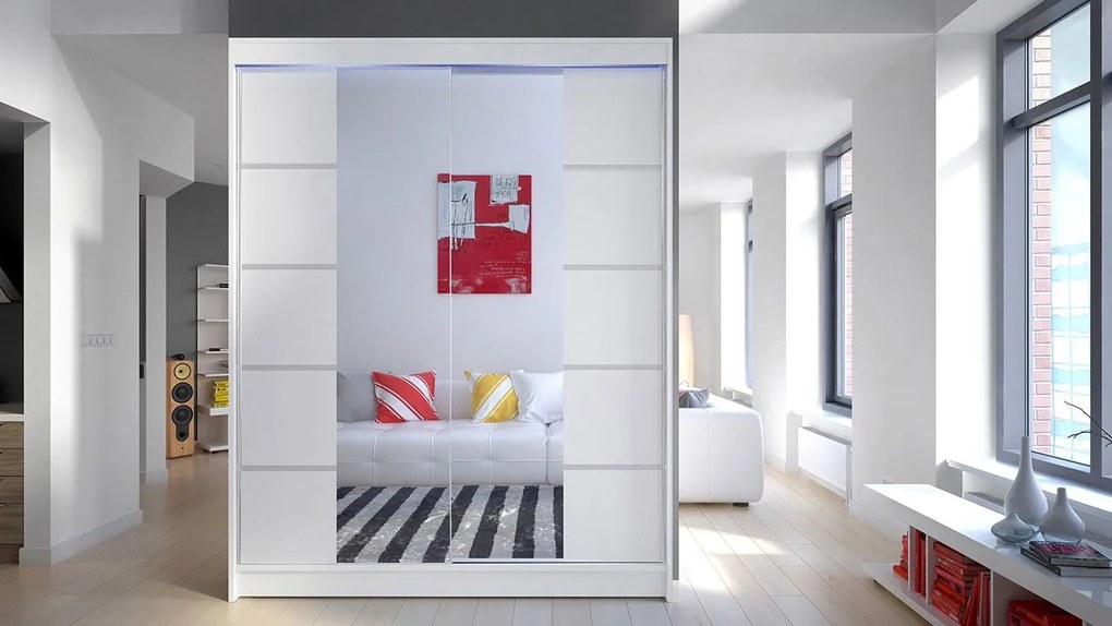 Posuvná skriňa Belgia V, Farby: čierna / čierna + zrkadlo, Osvetlenie: osvetlenie LED RGB - farebné