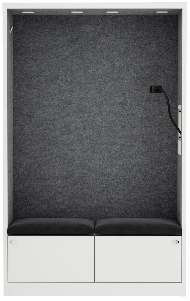 Kancelárska akustická kabína so sedadlom a portom USB-C, telo v biely / sedák tmavosivá v zelenej farbe, 1150 mm: SALLY MentalBox