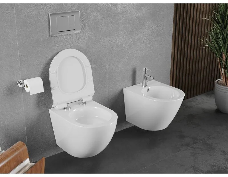 Mexen Lena, závesná WC misa 490x360x340 mm, Rimless Tornádo + toaletné WC sedadlo z duroplastu, biela lesklá, 30224000T