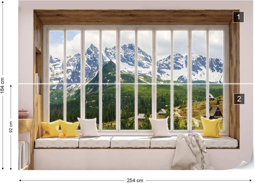 GLIX Fototapeta - 3D Window View Mountains Alps Vliesová tapeta  - 254x184 cm