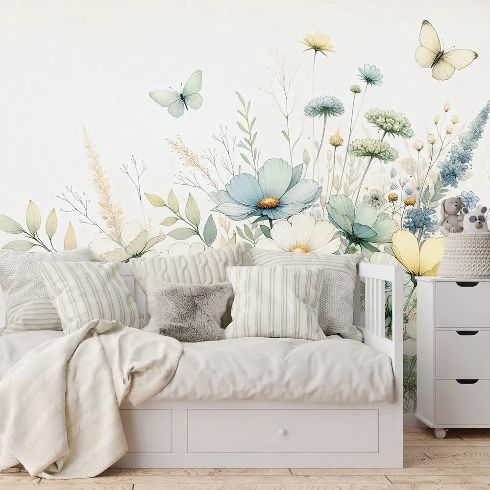 Samolepiaca tapeta pastelové lúčne kvety a lietajúce motýle