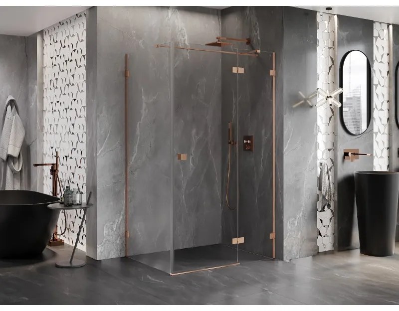 Mexen Lunar T, výklopný sprchový kút pravý 130 x 70 cm, 8mm číre sklo, profil medená matná, 834T-130-070-65-00-P
