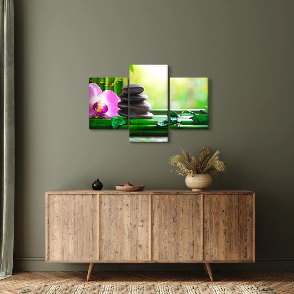 Obraz masážnych kameňov a orchidey na vode (90x60 cm)