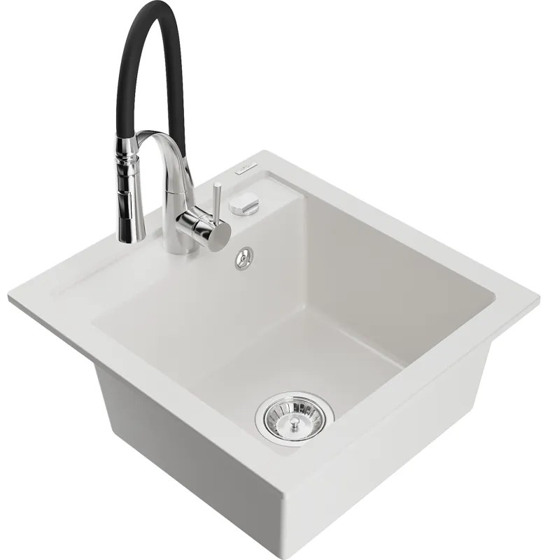 Mexen Vito, 1-komorový granitový drez 490x520x210 mm a drezová batéria Aster, biela, 6503-20-73450-07