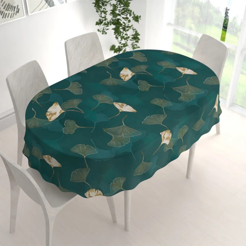 Biante Bavlnený oválny obrus Sandra SA-428 Ginkgo listy na petrolejovom 50x100 cm