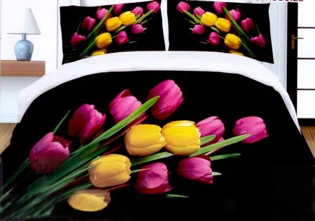 DR Posteľné obliečky 3D tulipány na čiernom 140x200, 70x80