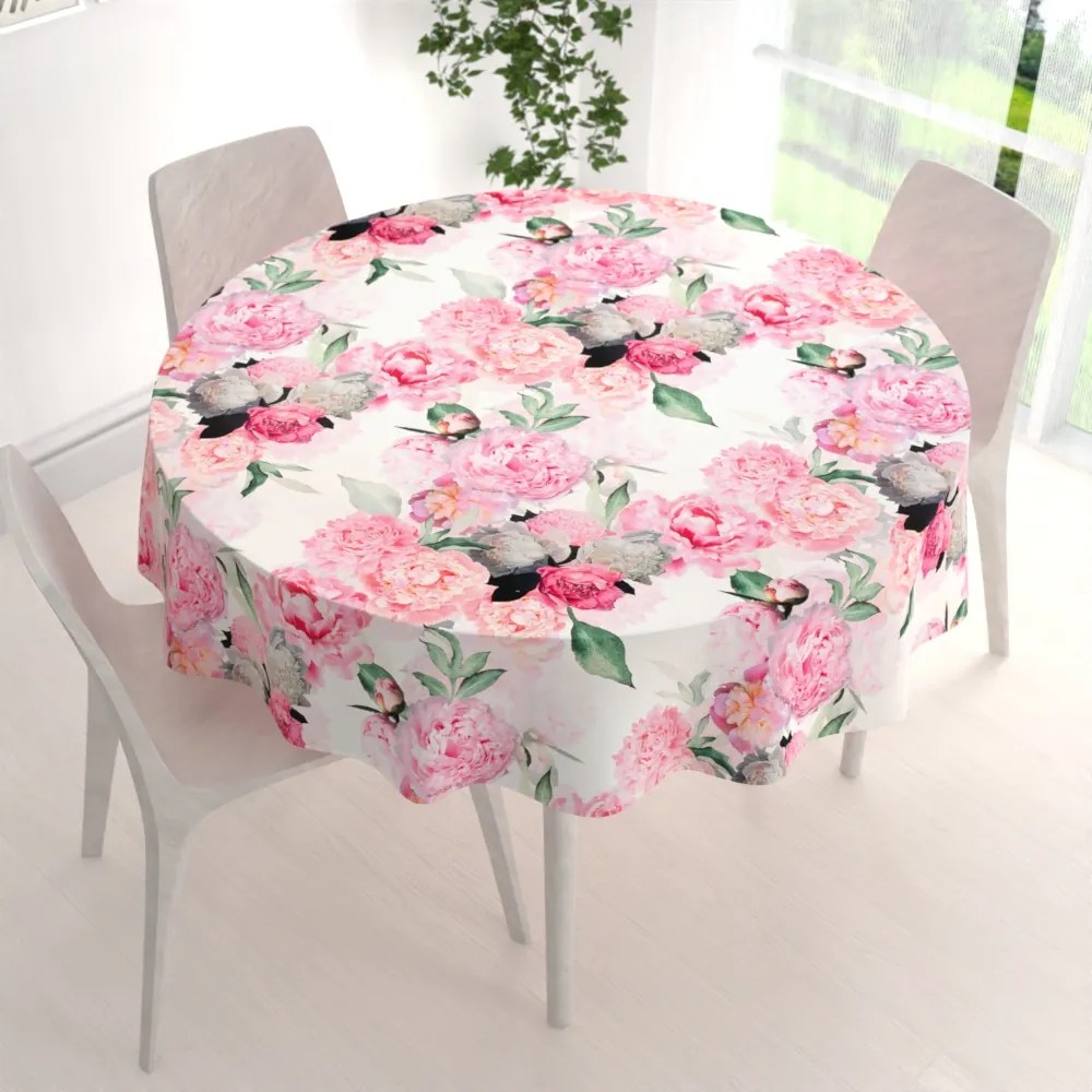 Biante Zamatový okrúhly obrus Tamara TMR-037 Ružové pivonky na bielom Ø 80 cm