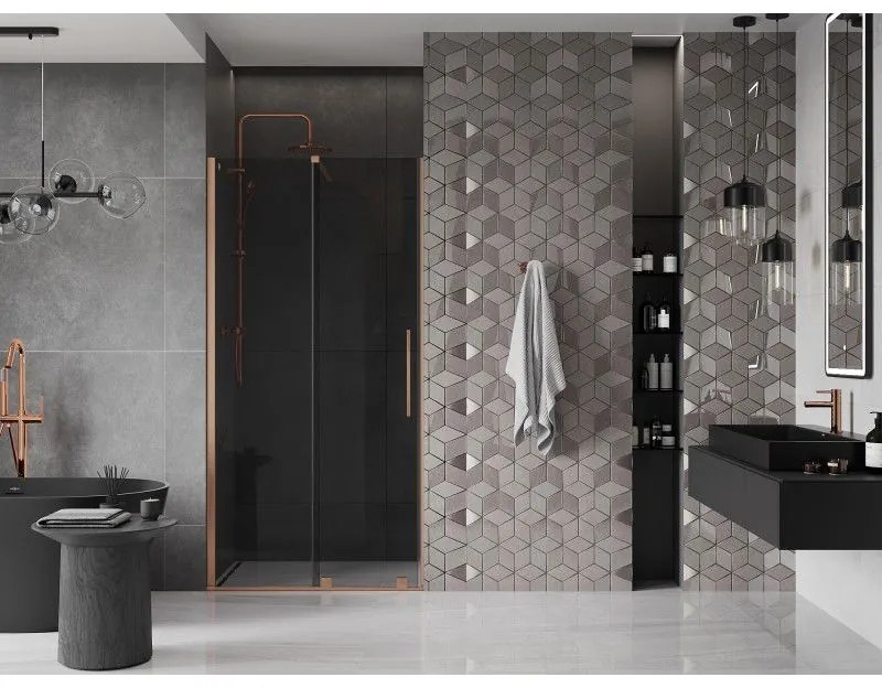 Mexen Velar, posuvné sprchové dvere do otvoru 110 cm, 8mm šedé sklo, medená matná, 871-110-000-41-65