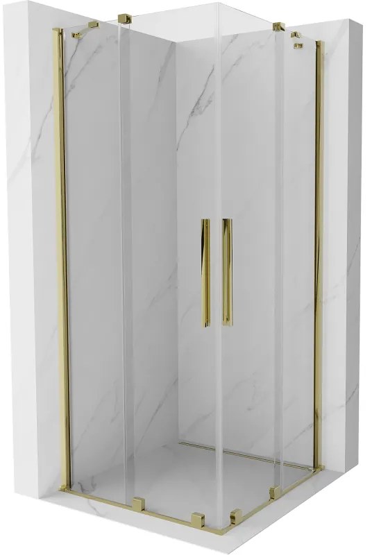 Mexen Velar Duo, sprchový kút s posuvnými dverami 90(dvere) x 90(dvere) cm, 8mm číre sklo, zlatý lesklý profil, 871-090-090-02-50