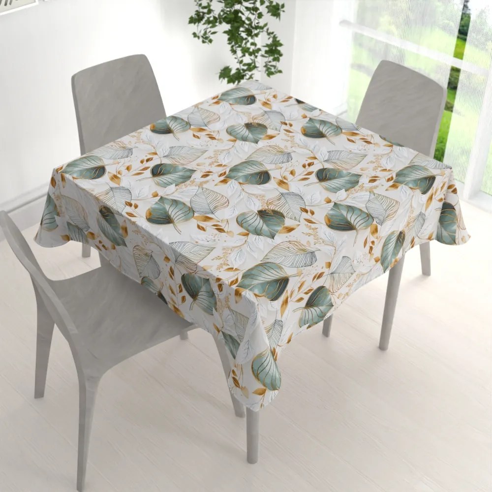 Biante Veľký dekoračný štvorcový obrus Leona LN-174 Zelené listy na režnom 210x210 cm