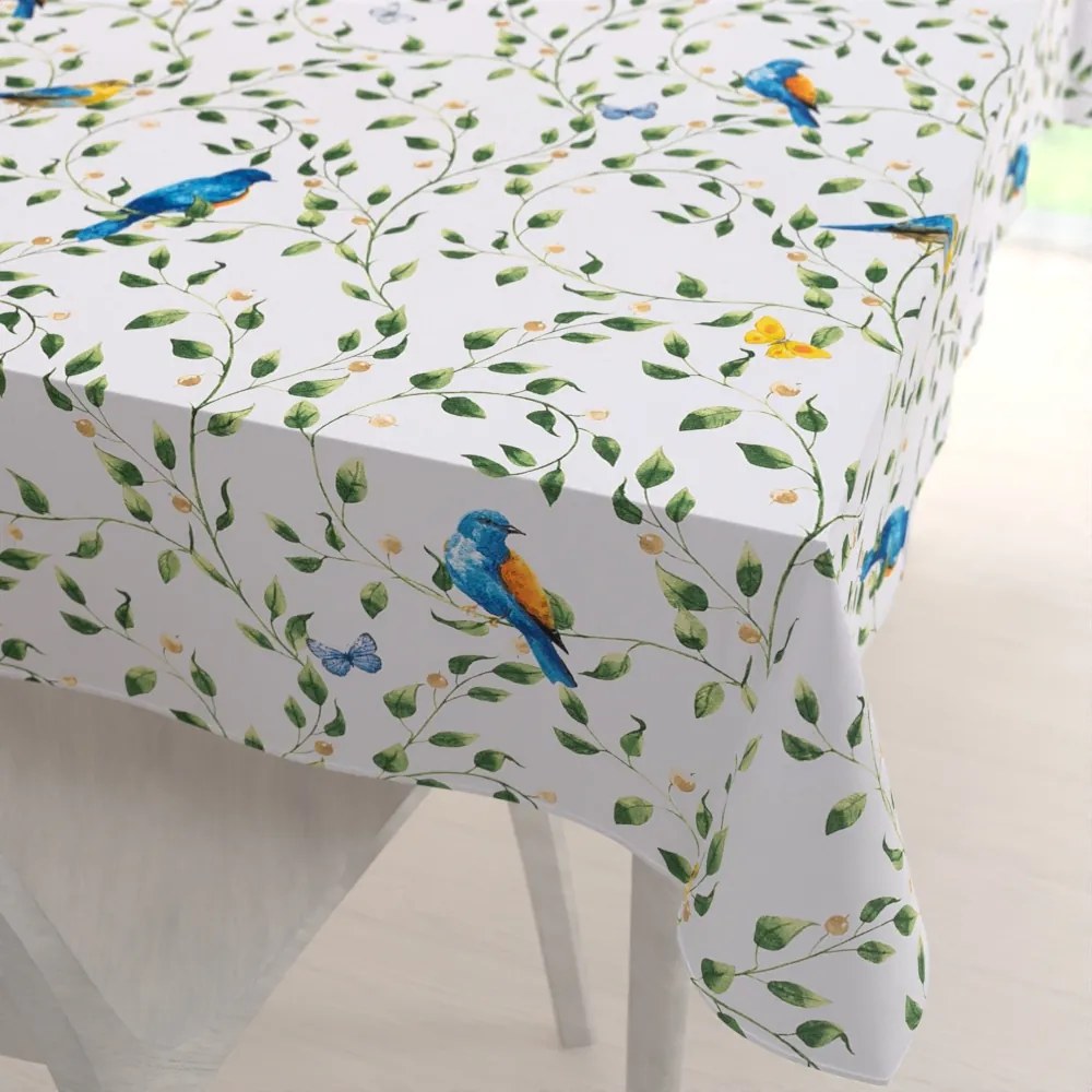 Biante Bavlnený obdĺžnikový obrus Sandra SA-501 Modré vtáky a vetvičky na bielom 140x220 cm